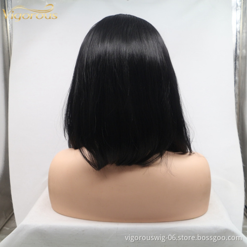 Vigorous mono bob black premium high quality straight short wholesale black women synthetic hair wigs with lace front